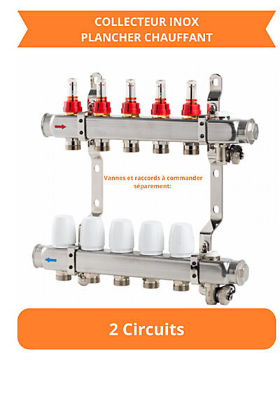Collecteur inox pour plancher chauffant - 2 circuits