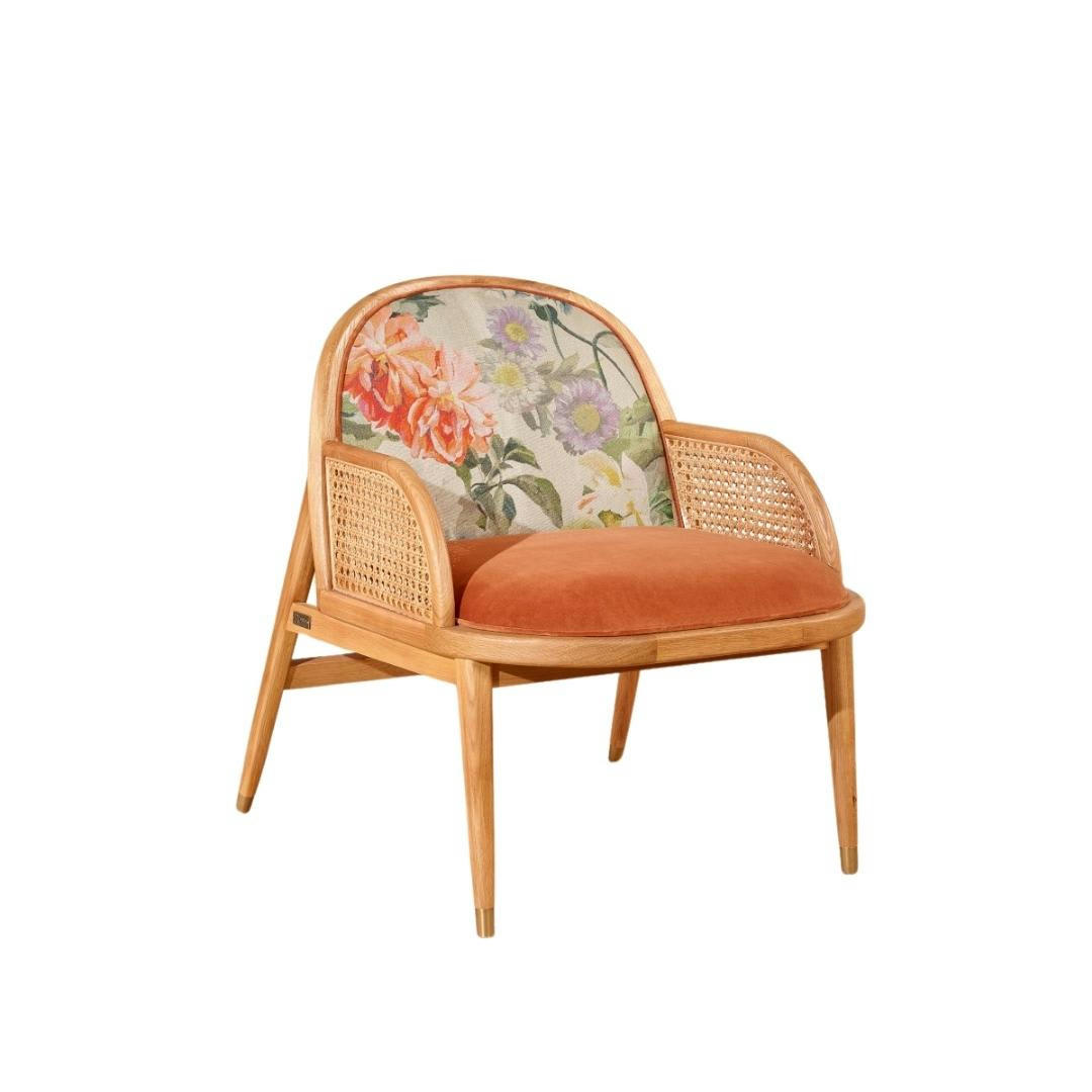 MARCEL - Fauteuil en cannage et velours caramel