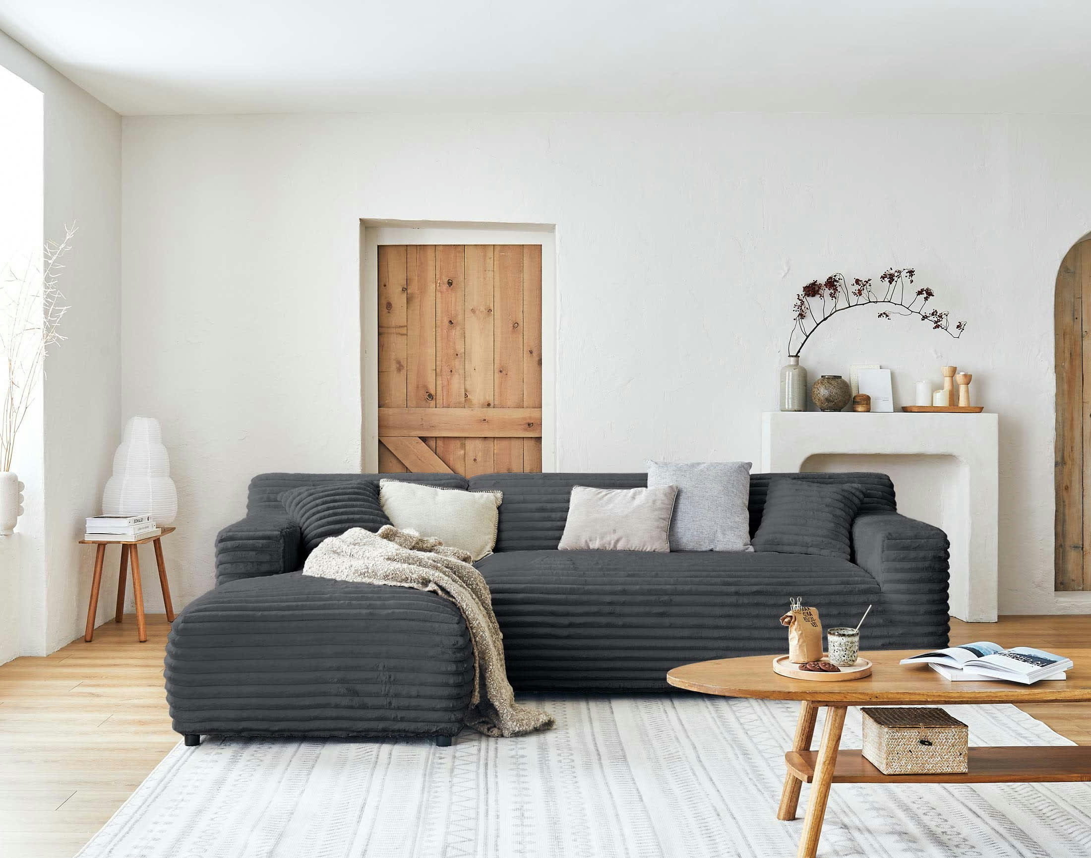 LAPONIE - Canapé d'angle gauche 4 places en velours grosses côtes gris foncé