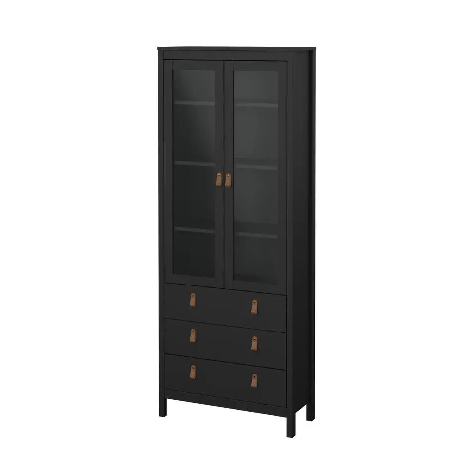 Hioshop Madrid vitrinekast 2 glazen deuren 3 laden zwart mat
