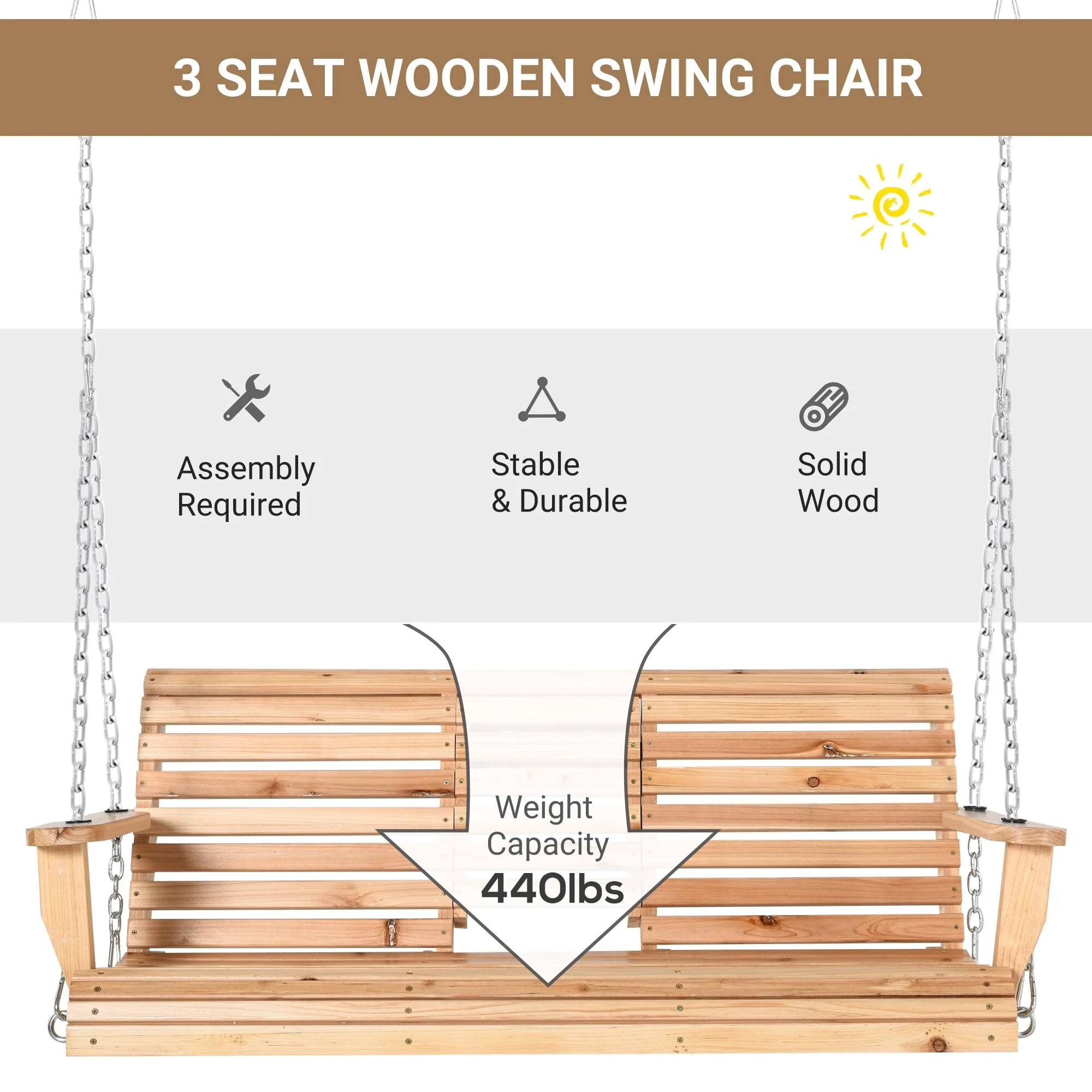 Wood 3-Seater Porch Swing with Folding Table and Cup Holders (440lb Capacity)