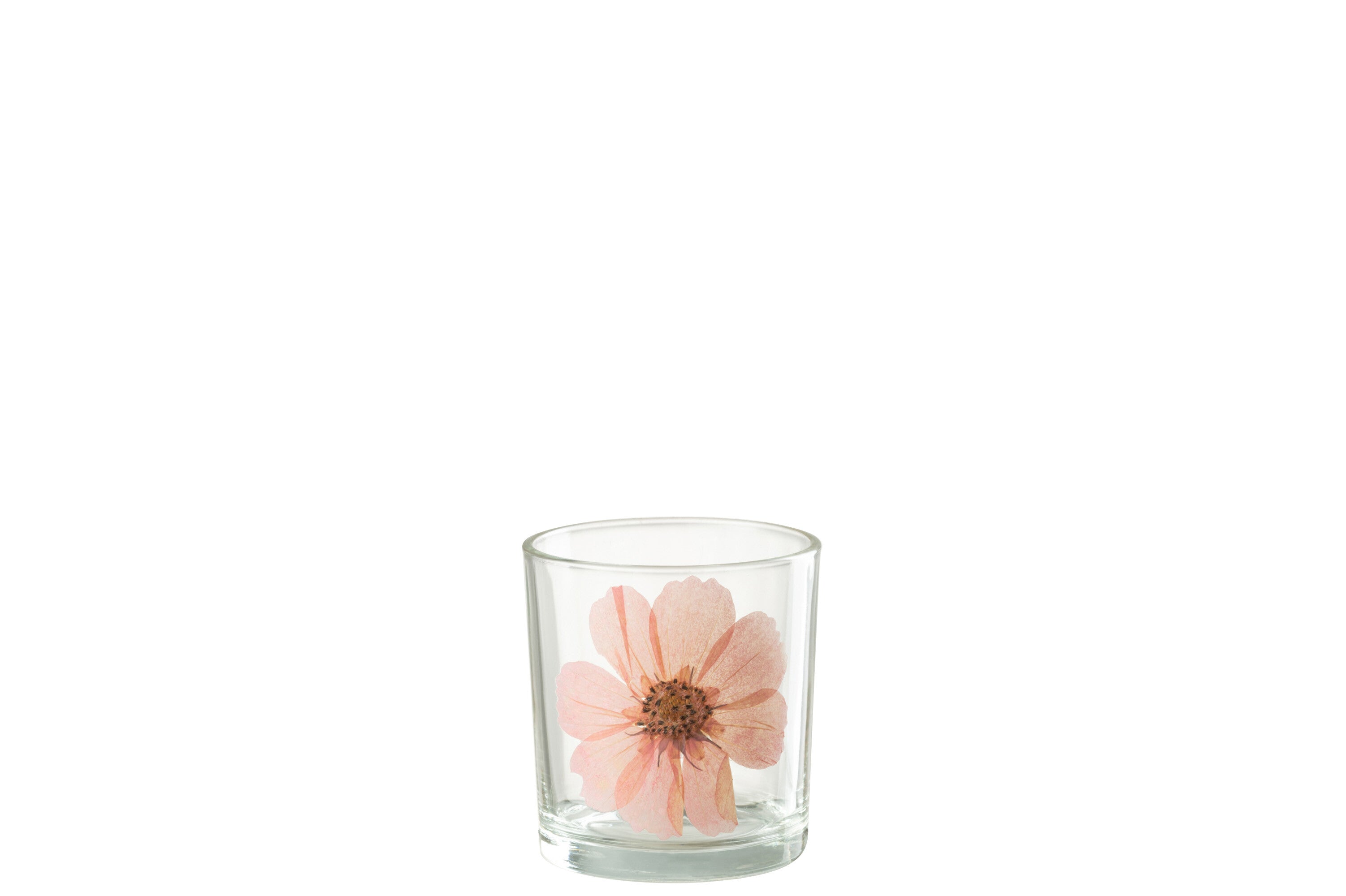 J-Line windlicht Bloem - glas - roze - small - 2 stuks