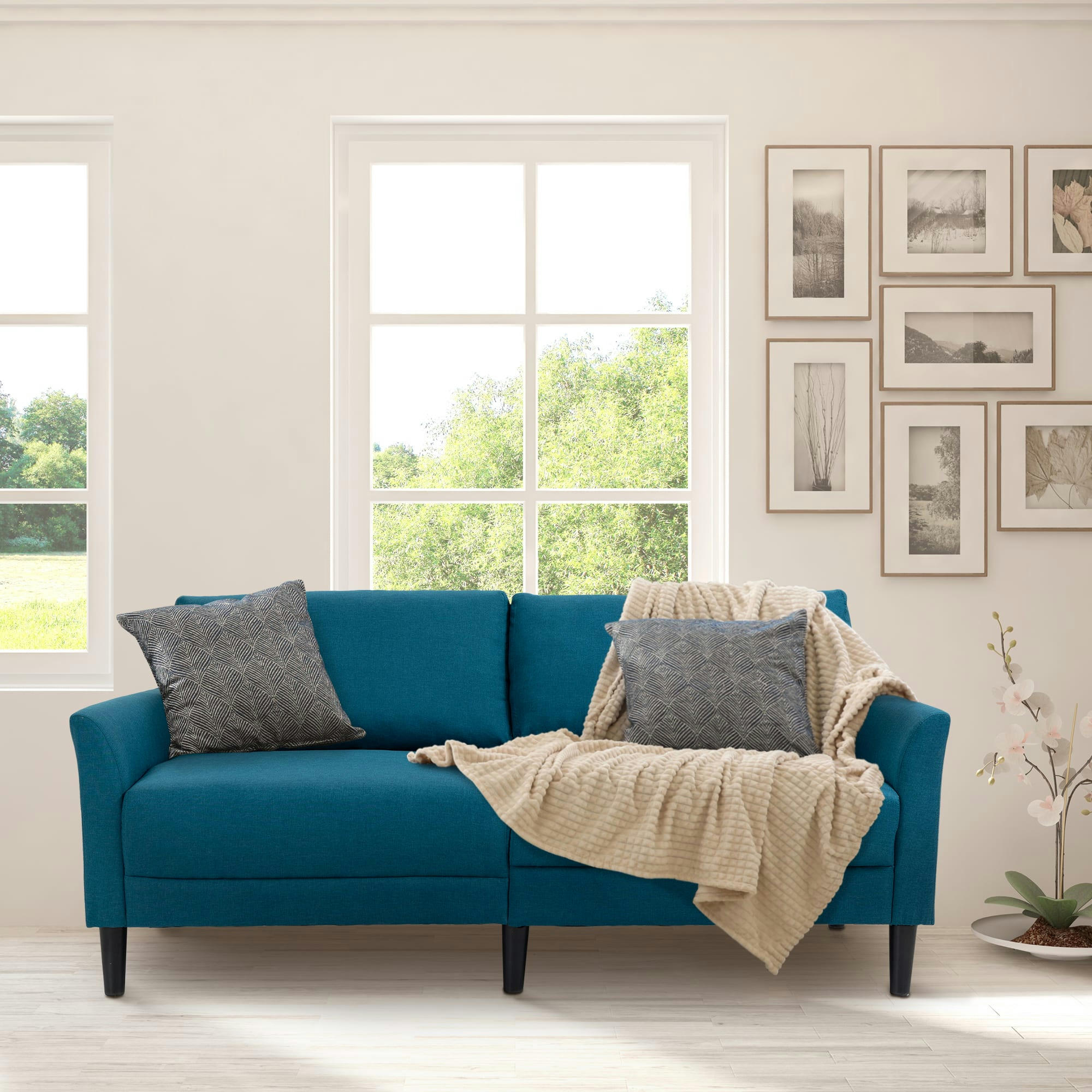 - Canapé 2 places contemporain accoudoirs courbés bois tissu bleu canard