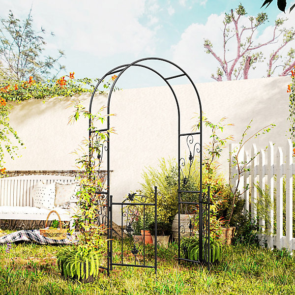 Arche de jardin avec portillon treillis style fer forgé feuilles vigne acier thermolaqué noir
