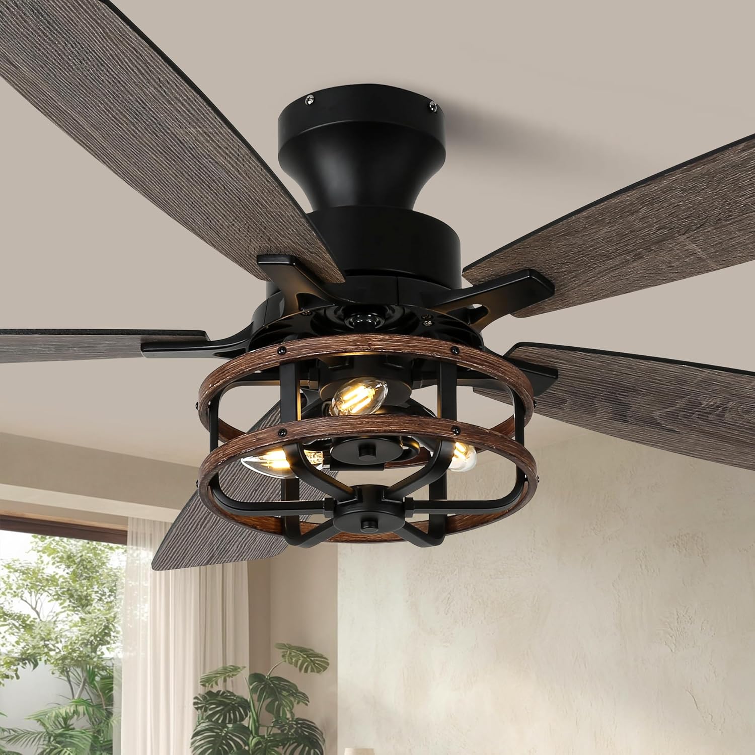 52 Farmhouse Ceiling Fans with Lights and Remote,Chandelier Ceiling Fan with 5 Double Colour Blades Reversible DC Motor,Rustic Caged Ceiling Fan for Living Room,Dining Room,Bedroom