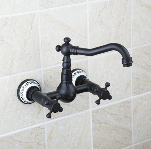 Bateria umywalkowa ścienna w stylu retro czarna BERNARDINA z porcelaną