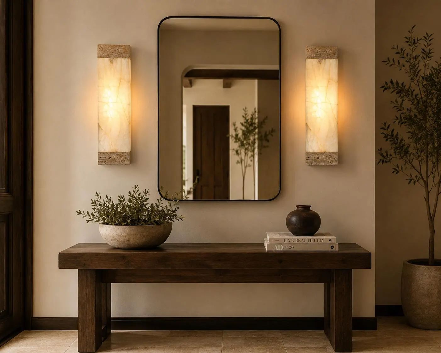 2 Handmade White Onyx Wall Sconce, Large 20” Natural Stone Light, Rectangular Modern Wall Lamp, Luxury Bathroom & Bedroom Lighting