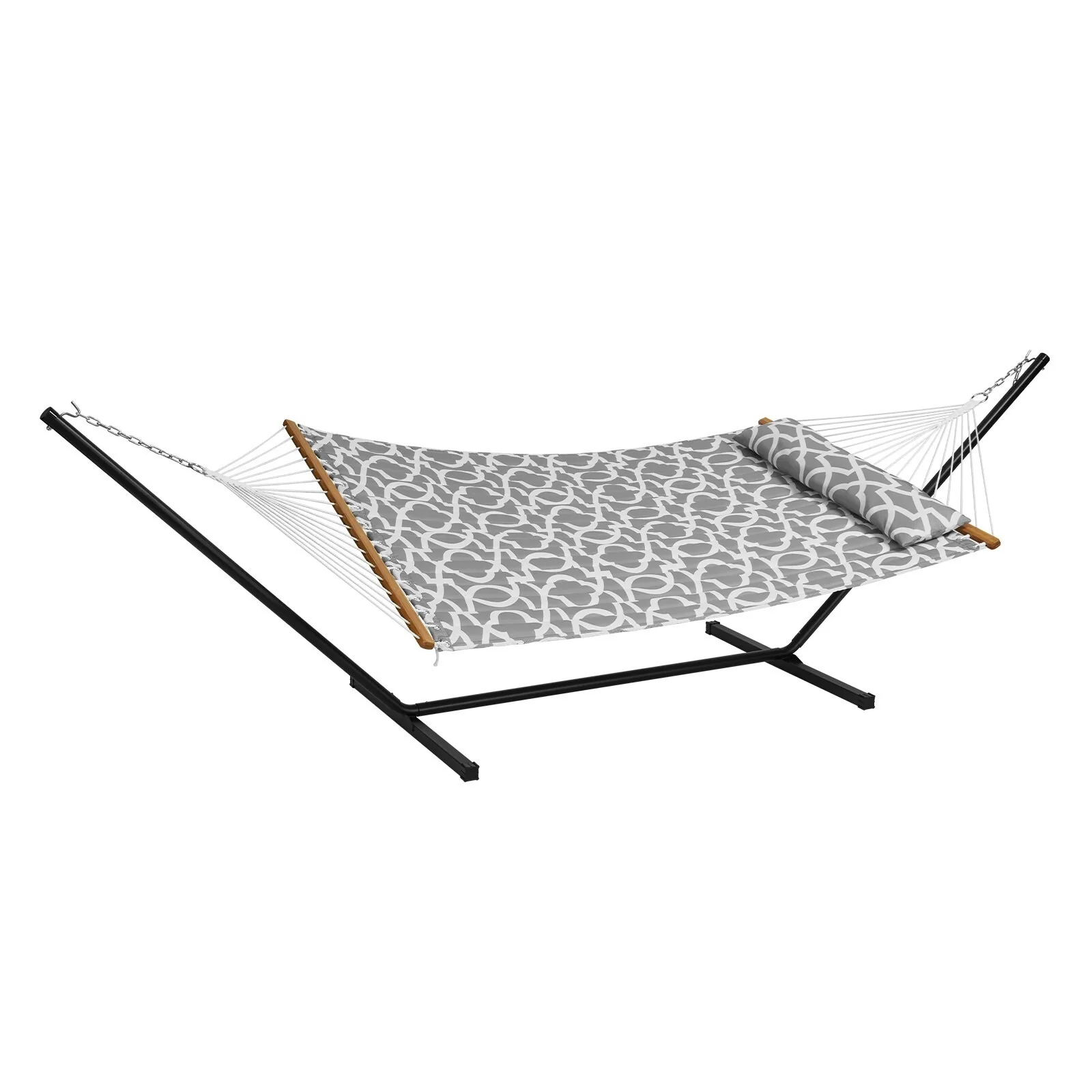 Grey White Cotton Polyester Hammock, T-Stand, 2-Person, Quilted - 55.1” L x 74.8” H