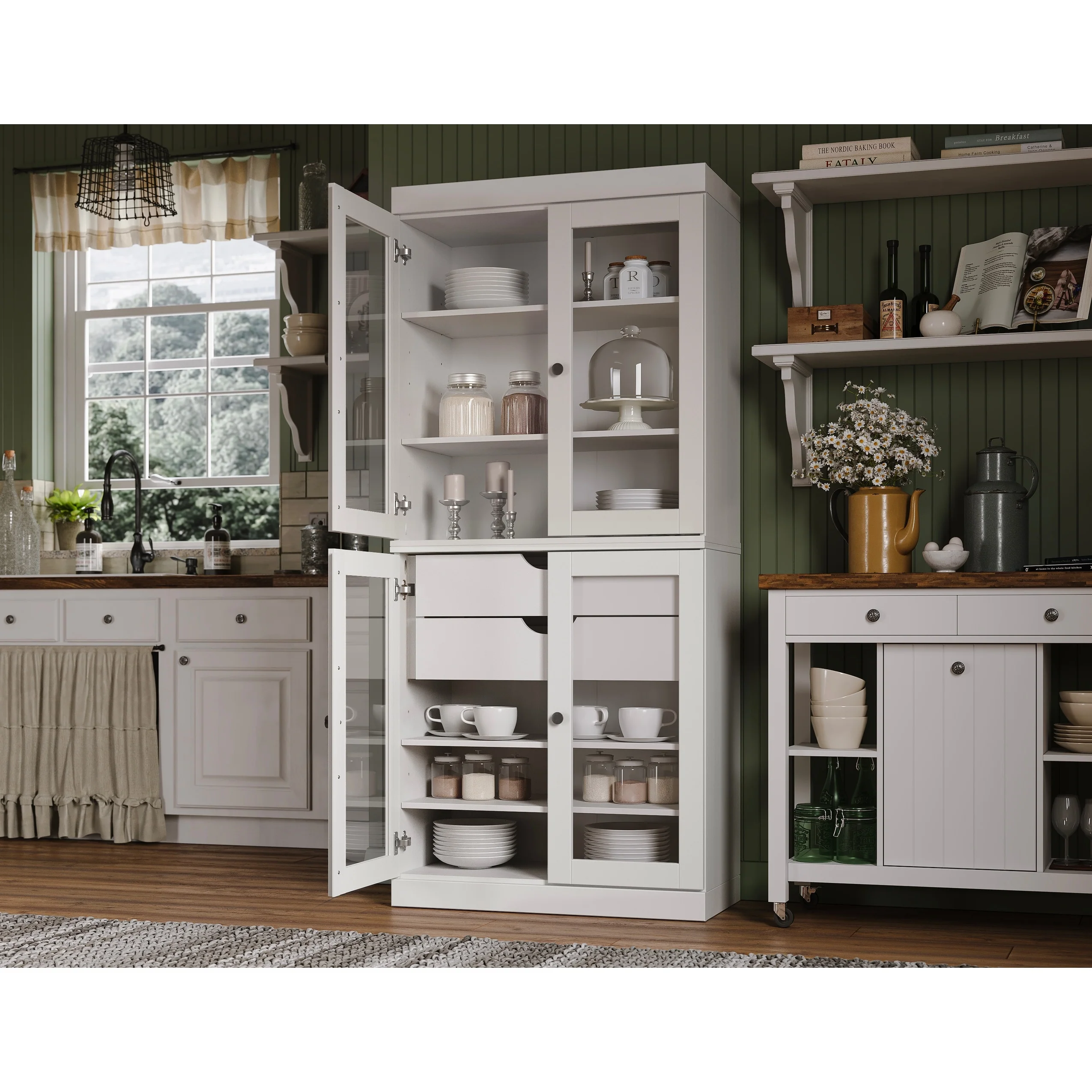 Palace Imports 100% Solid Wood Pantry Cabinet with Frosted, Clear Glass or Solid Doors, 2-Drawers and Adjustable Shelves