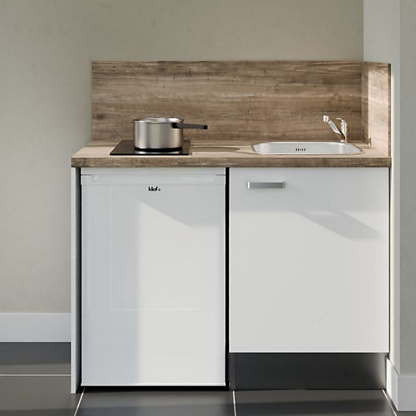 Kitchenette K08 - 120 cm - Façades : Blanc - Plan de travail : Bois - Crédences : Oui - Evier Inox