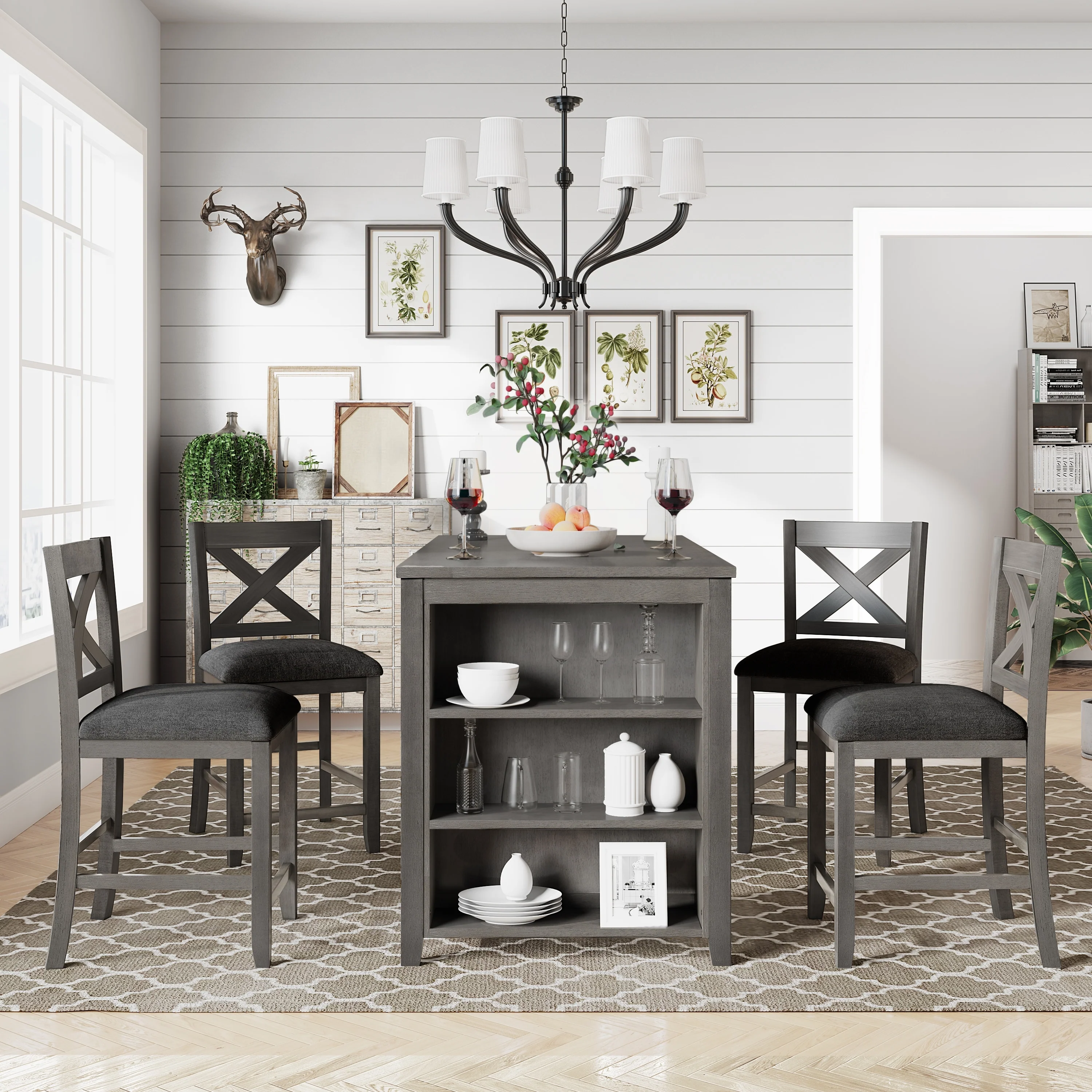 Rustic Style 5-Piece Dining Set with Wooden Bar Table and 4 Upholstered Chairs