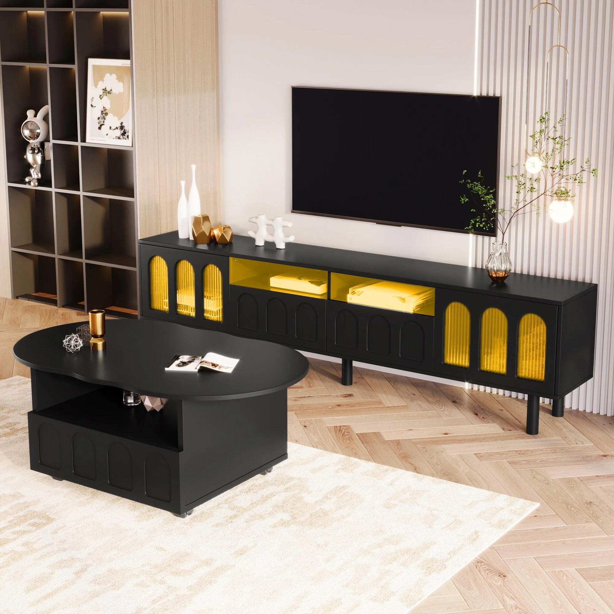 Cloud Top Coffee Table and LED Light Strip TV Stand Set for Up to 80-Inch TVs, Living Room
