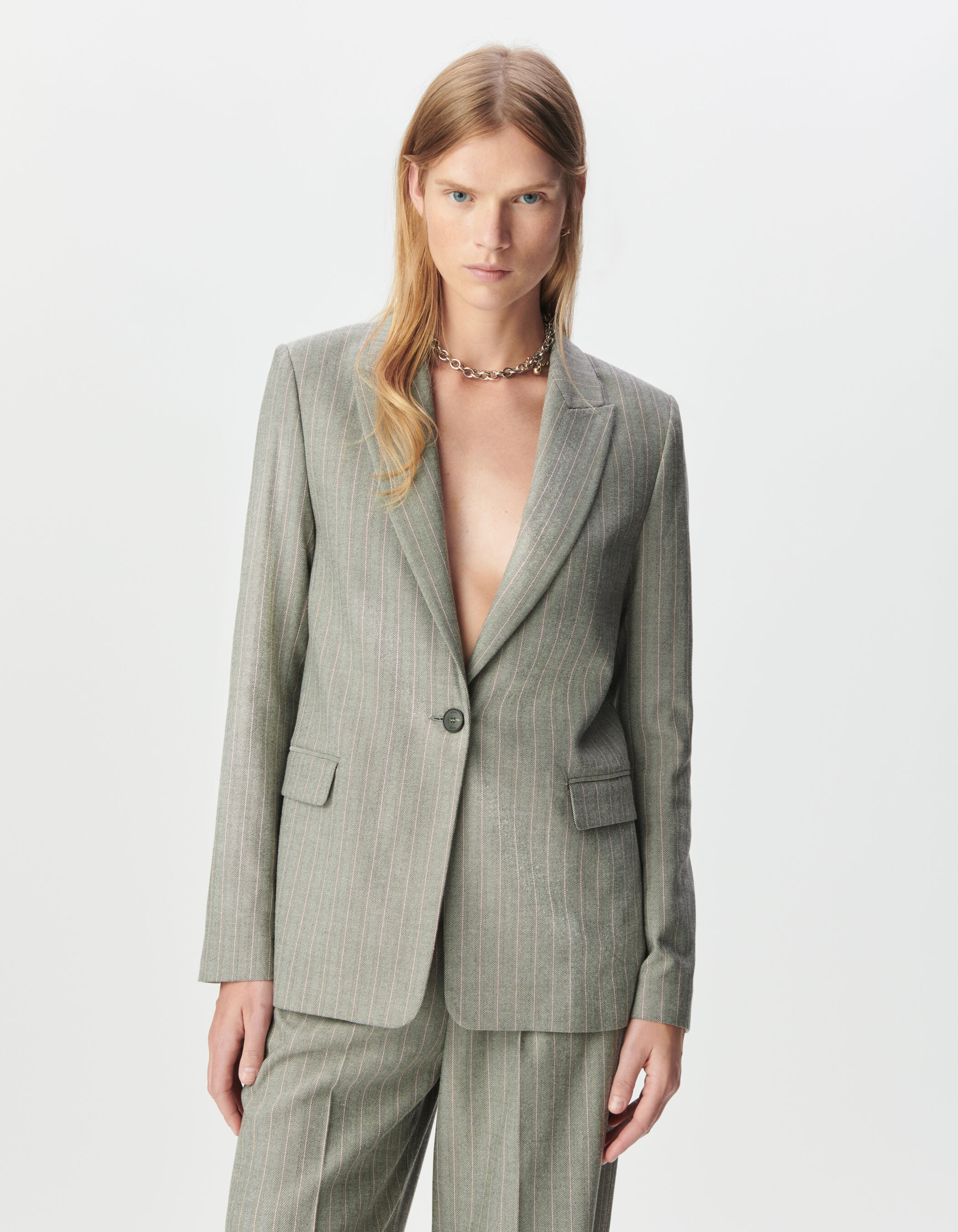 Veste de tailleur grise motif rayures roses Femme
