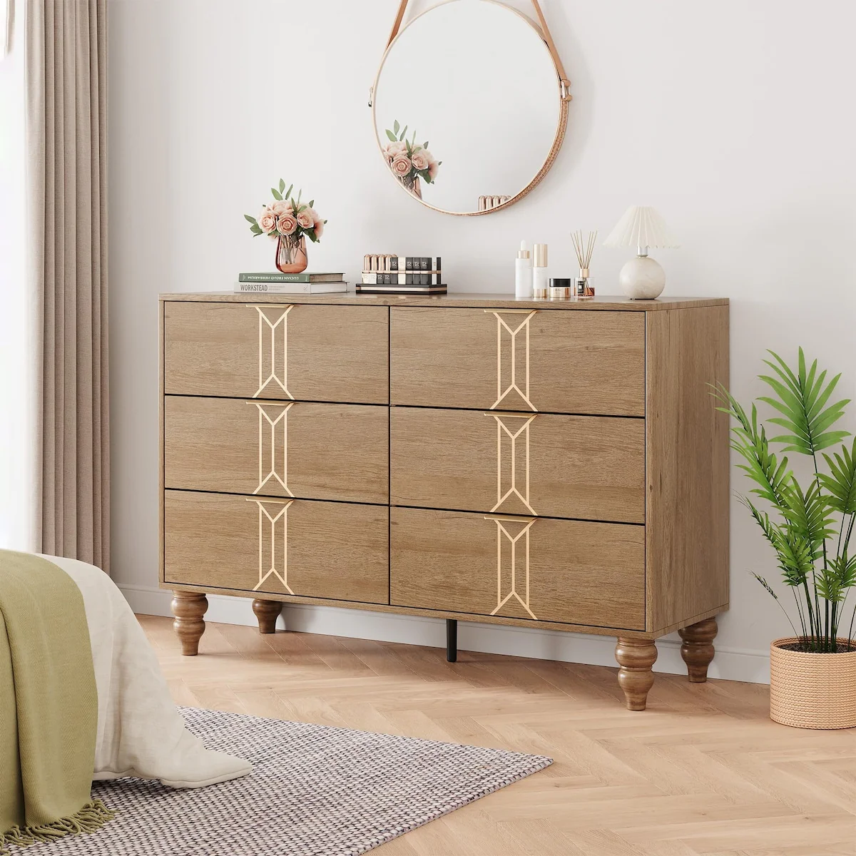Modern Wooden 5/6 Drawer Dresser with Vintage Pattern Design
