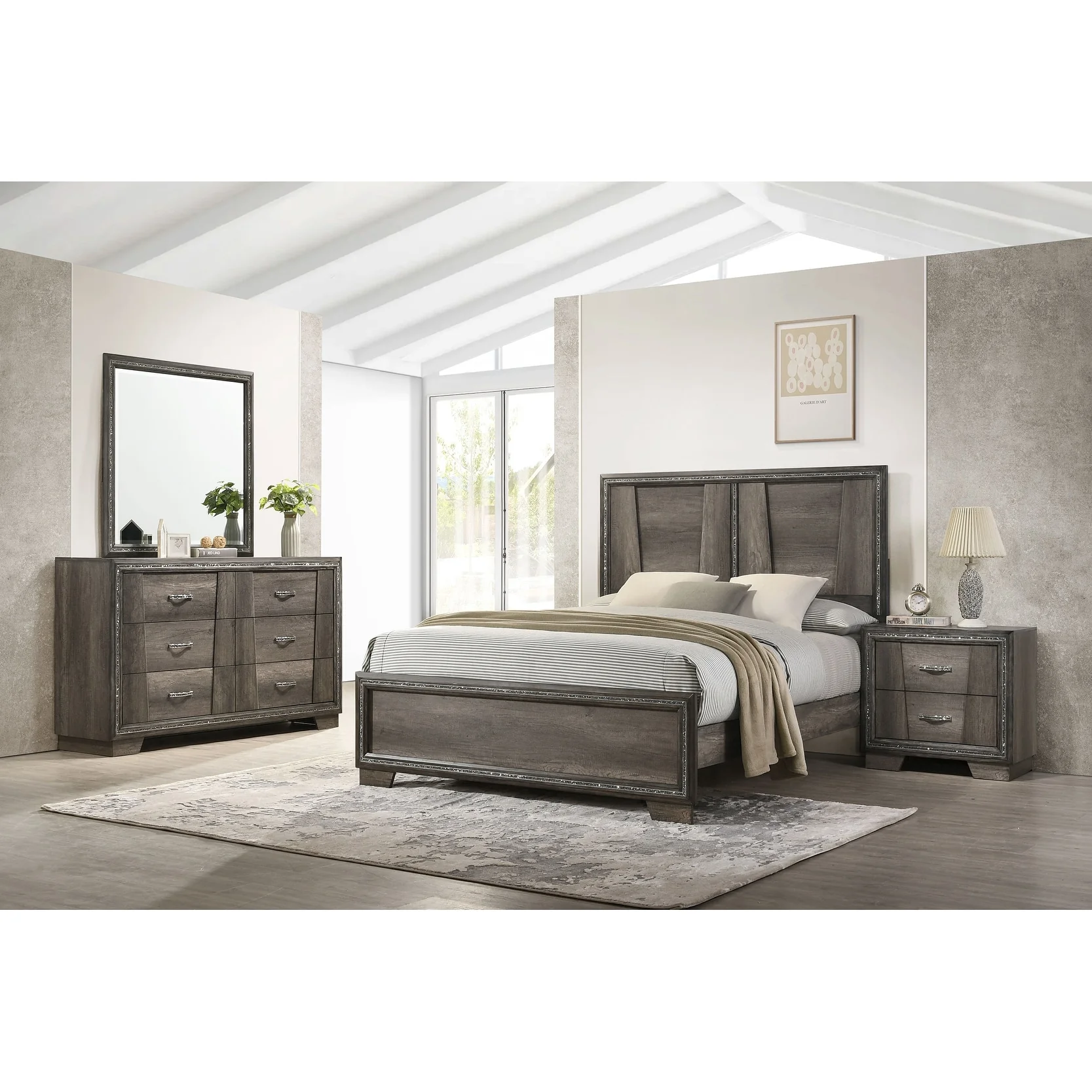 Janine Mid-Century Modern Panel Bedroom Set Grey