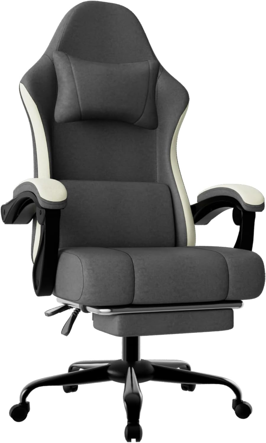 Gaming Chair, High Back Fabric Computer Chair with Pocketed Spring Cushion and Footrest, Height Adjustable Game Chair with Headrest and Lumbar Support (Beige & Gray)