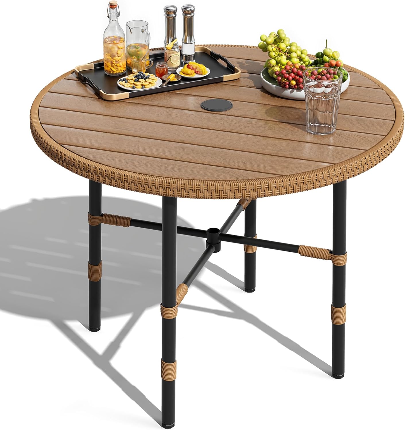 DWVO Outdoor Patio Dining Table Round for 4 35.4 Outdoor Tables with Umbrella Hole & Adjustable Levelers All-Weather Bistro Table with Metal Frame for Lawn Garden Backyard