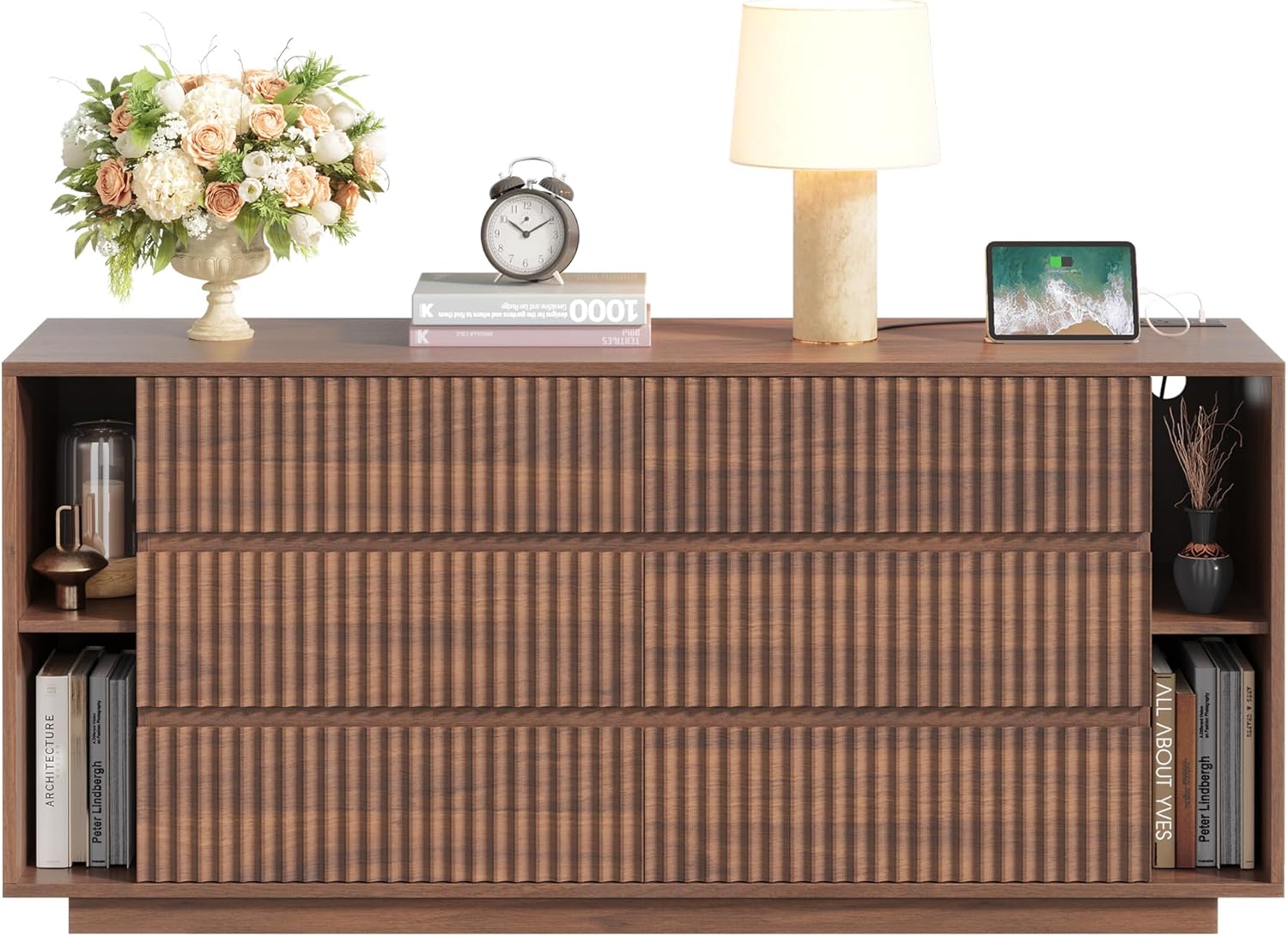 Whalefall 63'' Fluted 6 Drawer Dresser with Shelves, Large Chest of Drawers for Bedroom, Wood Closet Storage Organizer, Modern TV Stand for Living Room, Walnut
