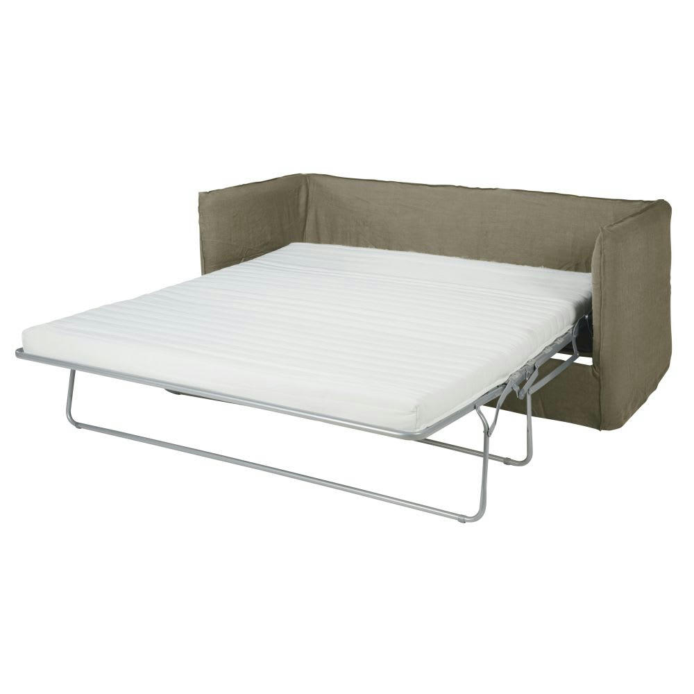 Louvain - Canapé convertible 3/4 places en lin vert kaki, matelas 10 cm