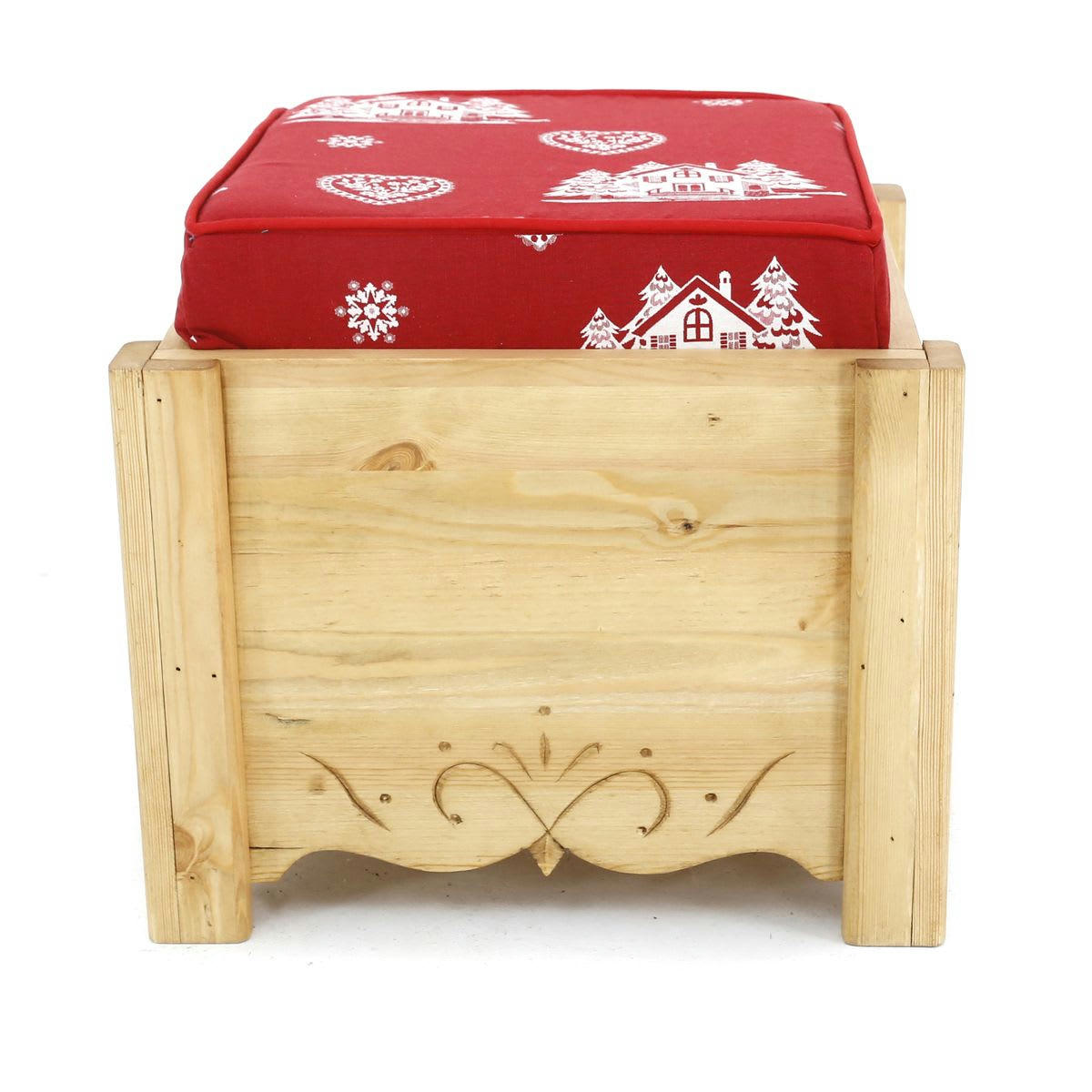 DAHU - Pouf coffre de rangement pin massif sculpté coeurchevel rouge Aspin