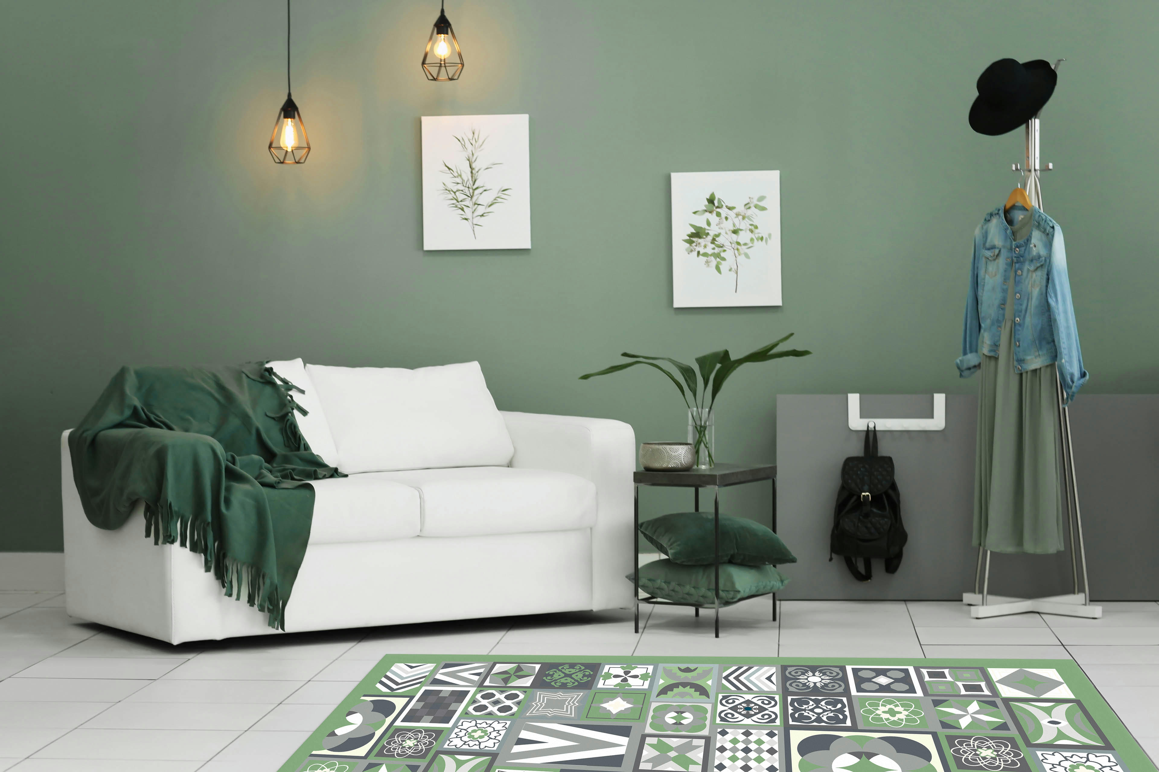 - Tapis vinyle style carreaux ciments vert 80x250cm