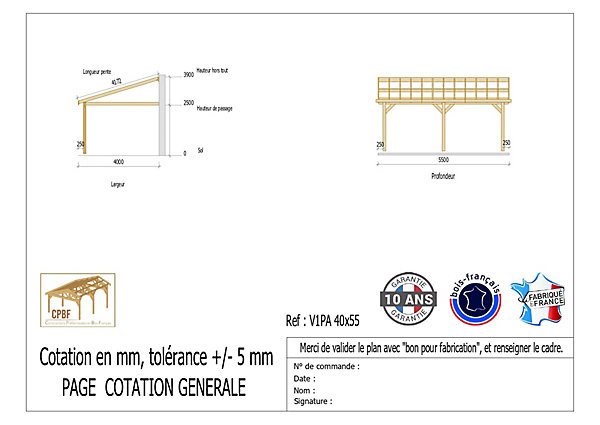 Carport adossé une pente 400cmx550cm, bois DOUGLAS Français (Charpente en bois-auvent-abri voiture) 22 m². Garantie 10 ans