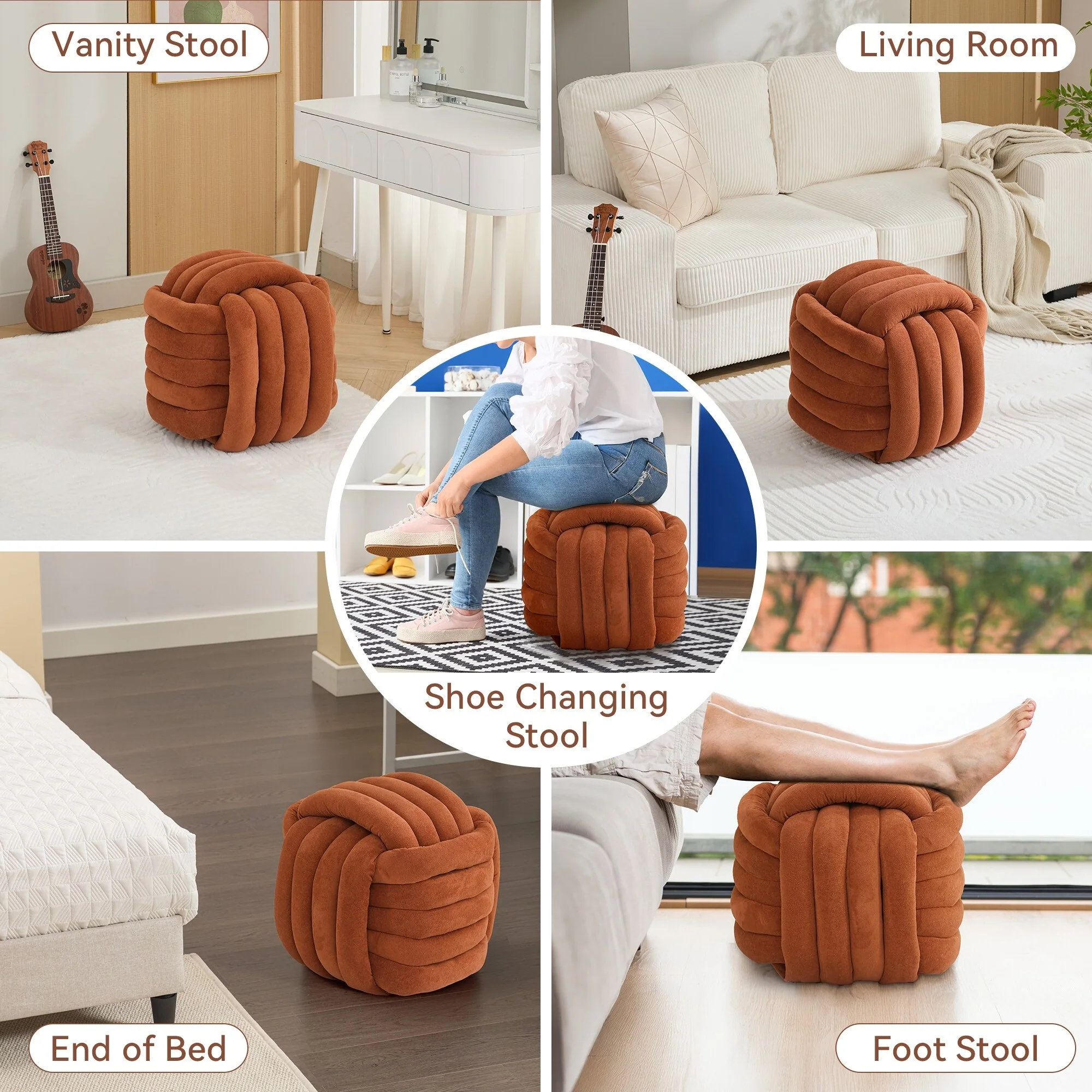 060Chenille Fabric Modern Knot Design Ottoman Makeup Stool Footstool, Comfortable and Stylish Seat for Living Room, Bedroom,