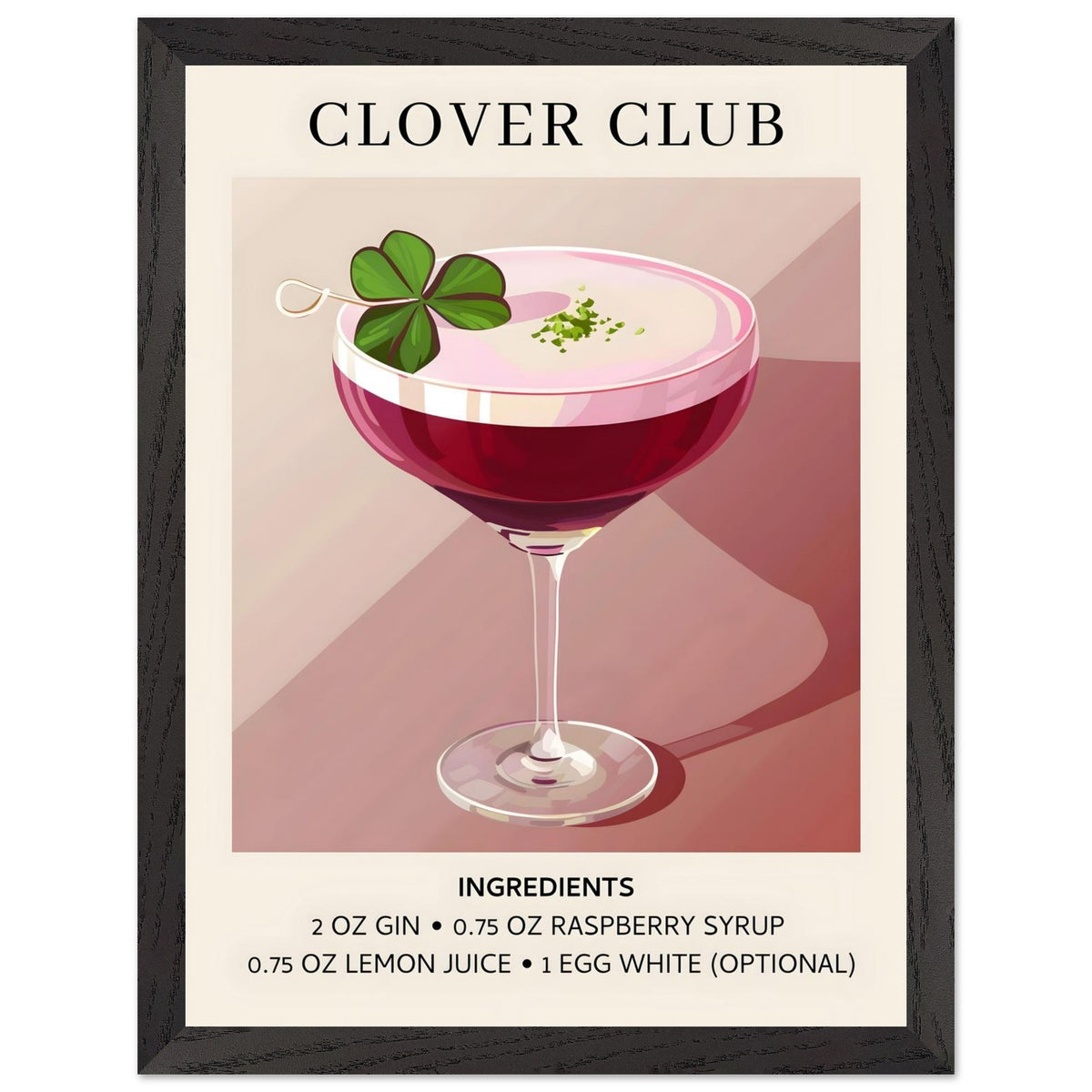 Artfulprints Poster met Lijst Clover Club cocktail - Ingrediënten  - 30x40 cm - Roze