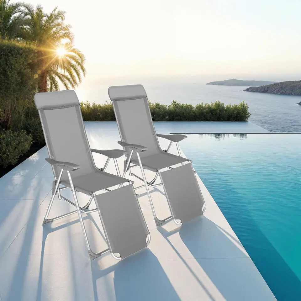 tectake Set van 2 aluminium tuinstoelen inklapbaar met hoofdsteun en voetensteun