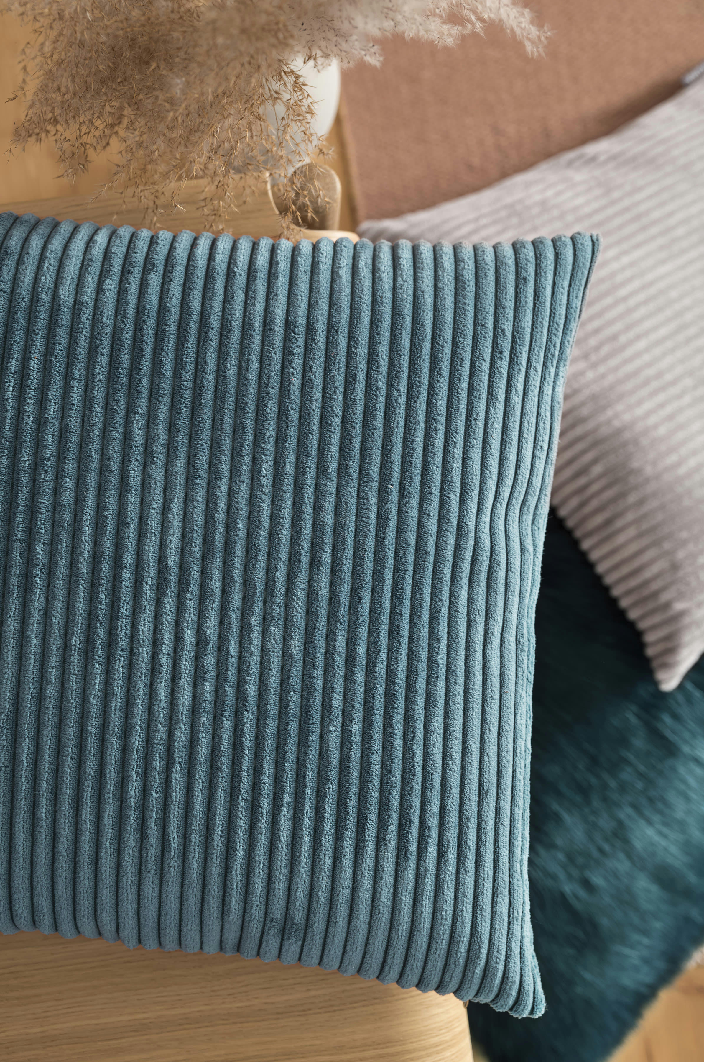 SHARA - Housses de coussin velours côtelé bleu pétrole- Lot de 2 - 45x45