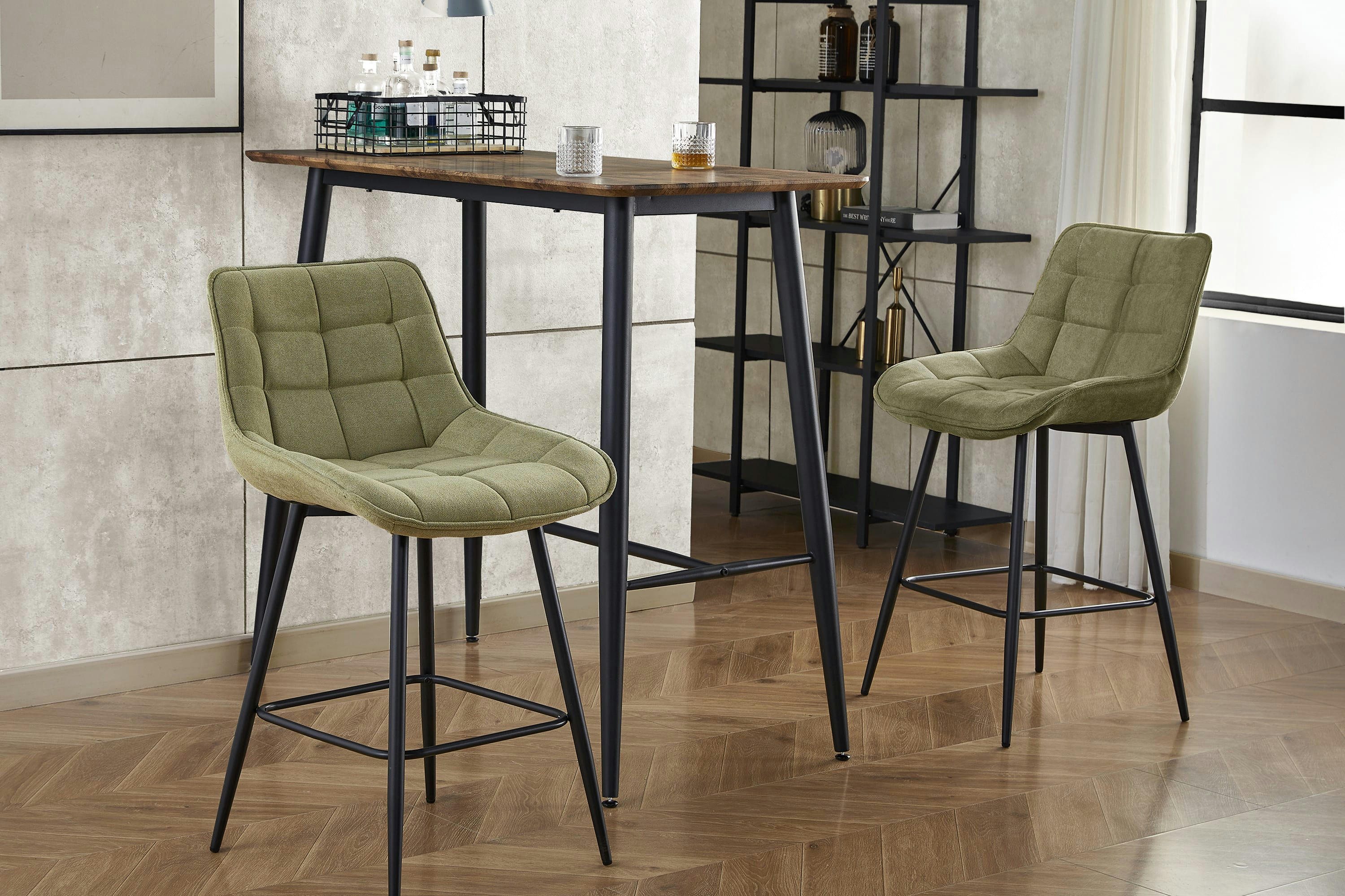 GRANT - Fauteuil de bar en tissu Sauge et métal noir (x2)