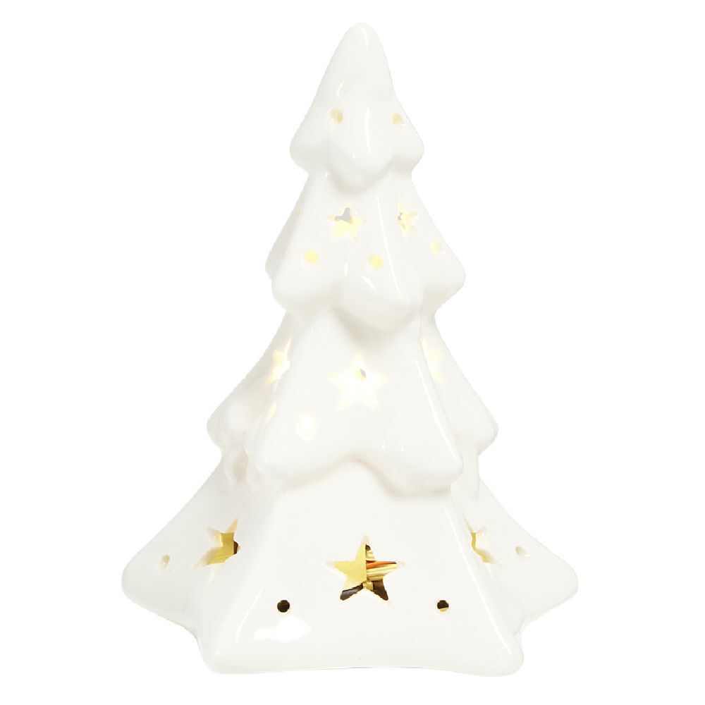 Sapin de No&euml;l lumineux et musical 1LED céramique blanc H16cm