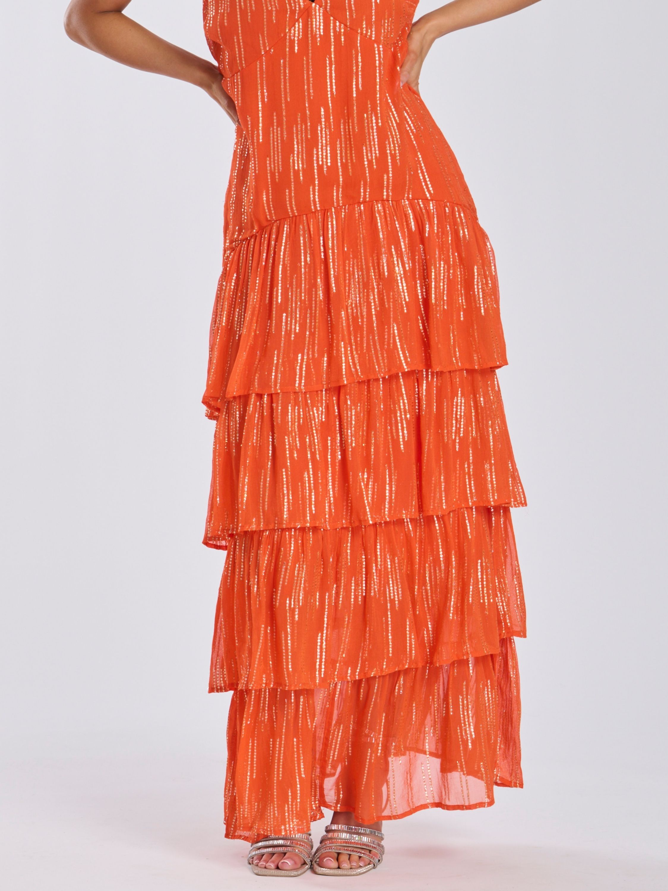 Finding Friday Metallic Ruffle Strappy Shoulder Maxi Dress