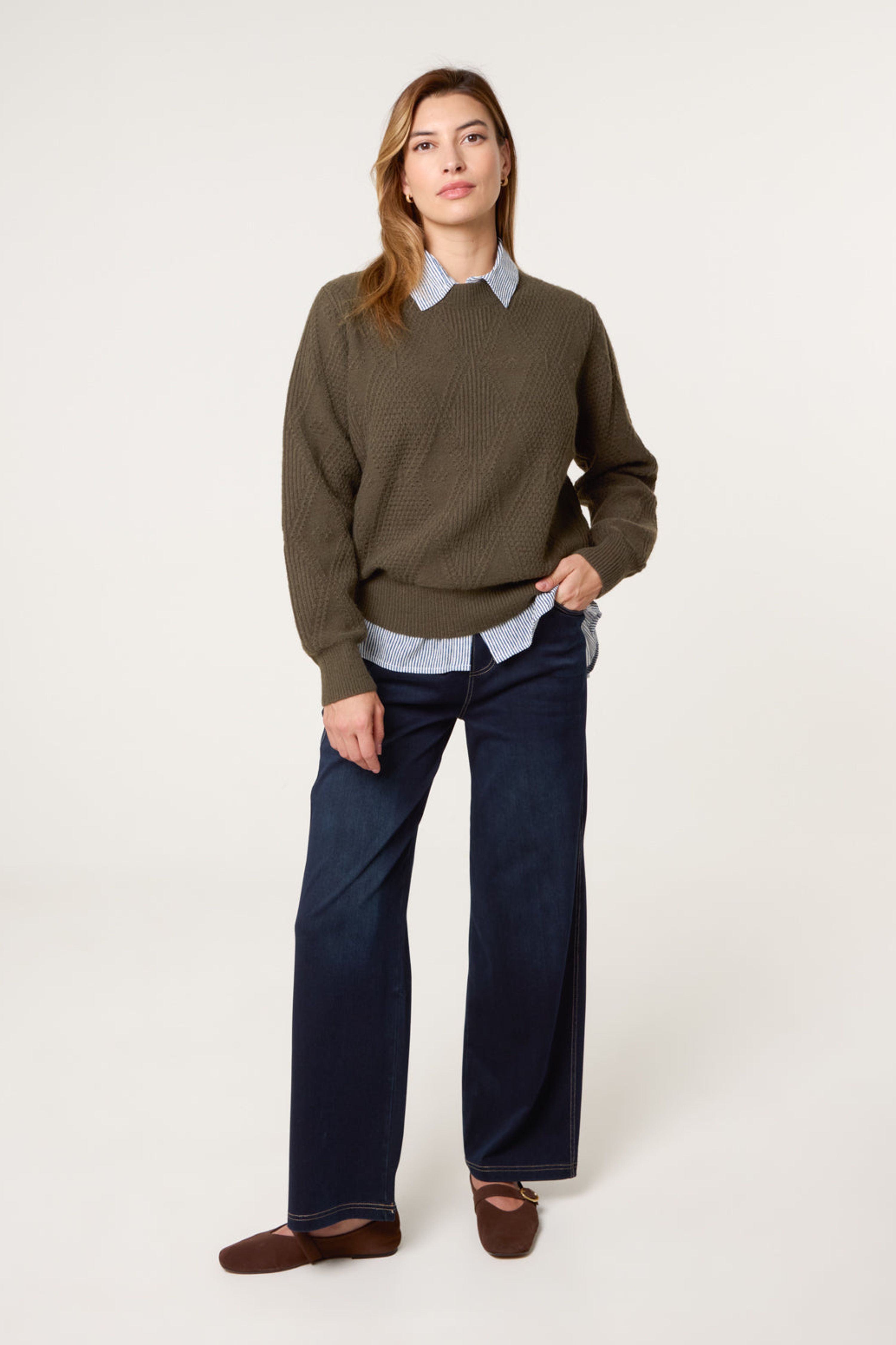 Blue Vanilla Khaki Argyle Texture Knit Jumper