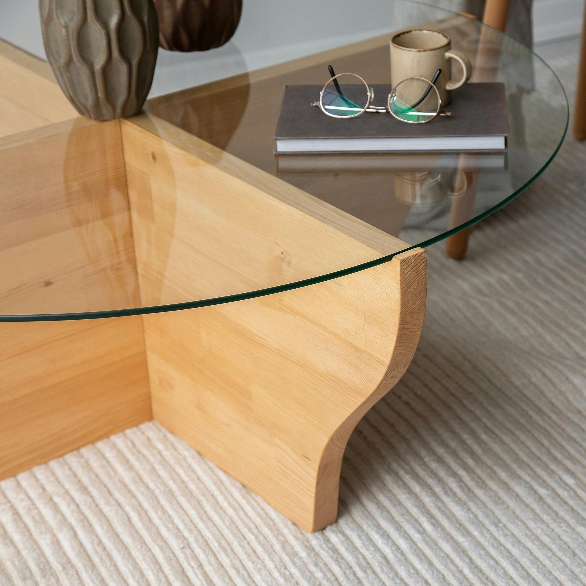 Table basse en verre et bois clair - pied en X, ANZIO