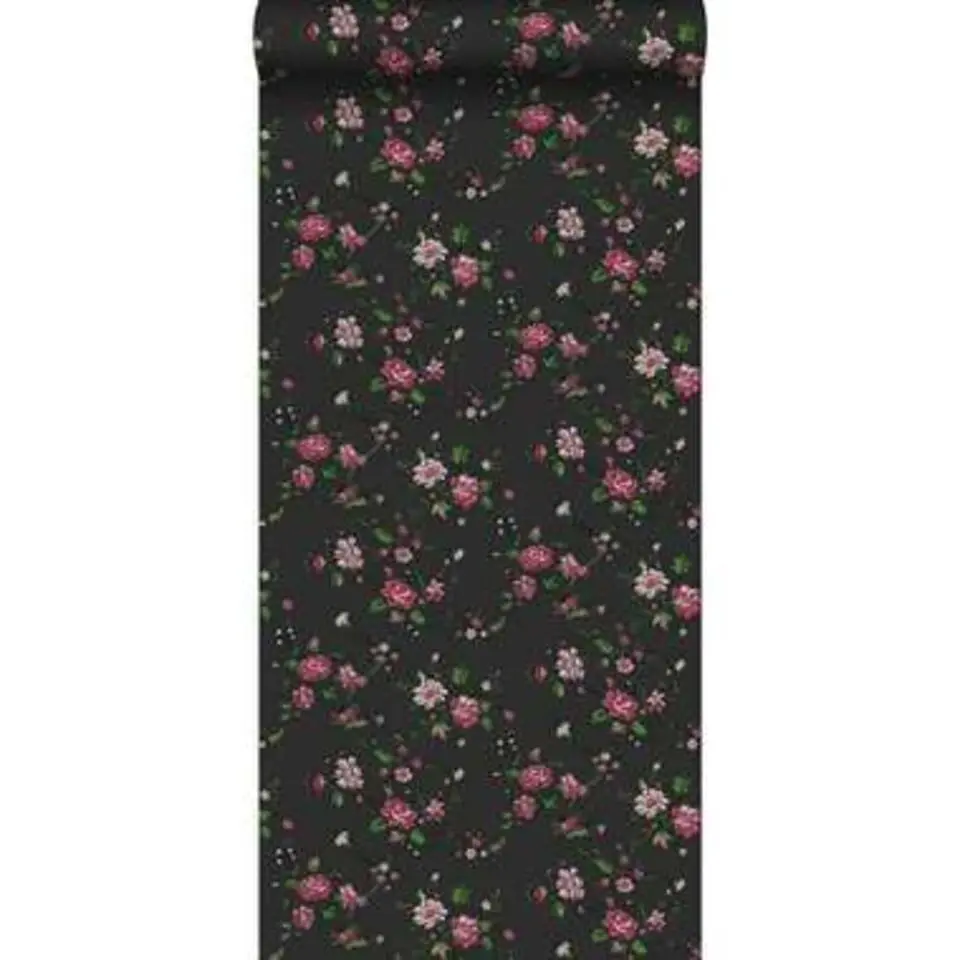 Origin behang - bloemetjes - zwart en roze - 53 cm x 10,05 m