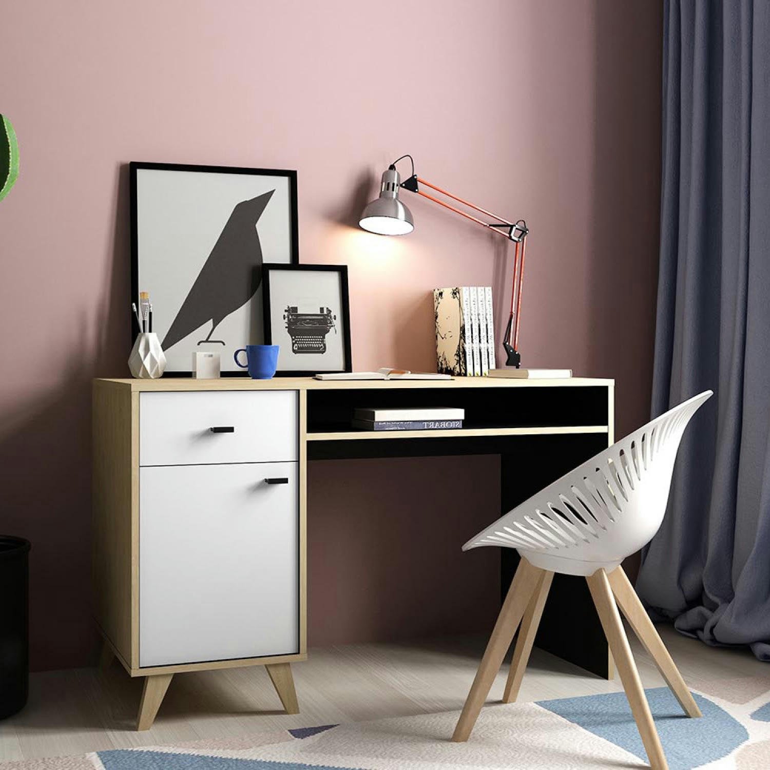 LEIRA - Bureau avec tiroir et placard en bois