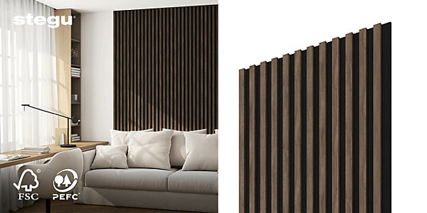 Panneau Tasseau Acoustique effet tasseau bois en feutre 1200mm x 605mm esotica sur noir Linea Proline Stegu