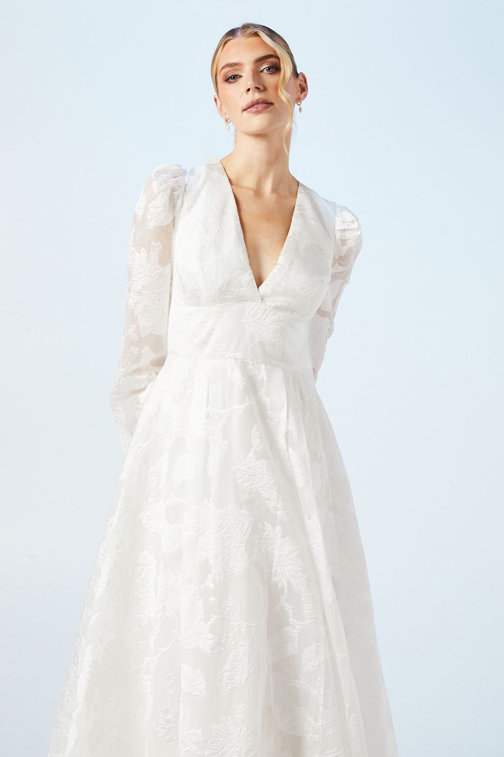Coast Plunge Neck Organza Jacquard Blouson Sleeve Wedding Dress