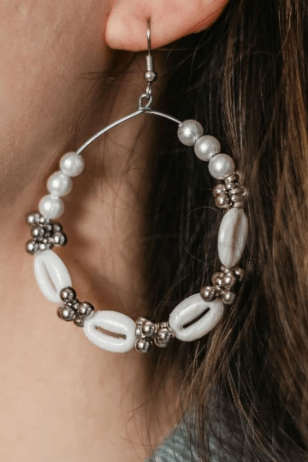 The Colourful Aura Large Silver Beaded Cowrie Sea Shell Hoop Earring