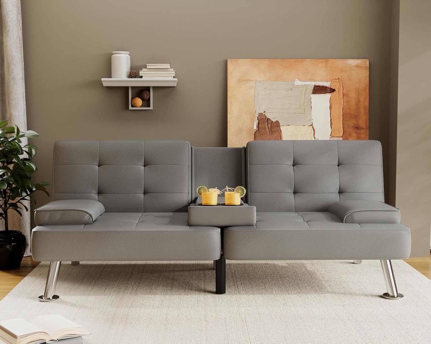 Flamaker Futon Sofa Bed Modern Folding Futon Set PU Leather Convertible Recliner Lounge for Living Room with 2 Cup Holders, Removable Armrests (PU Leather, Dark Grey)