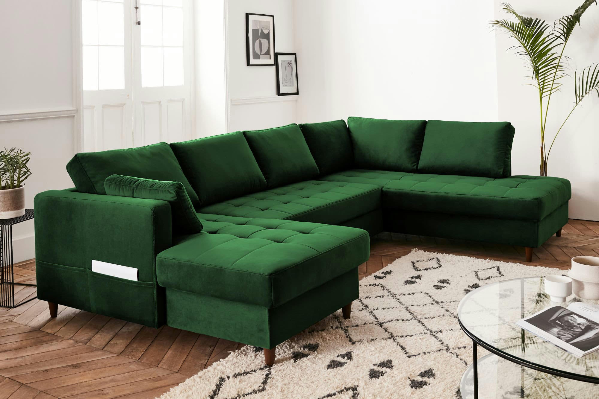 ANNA - Canapé panoramique 7 places angle droit en velours vert