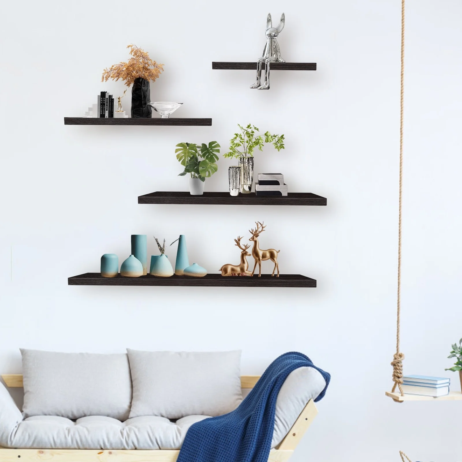 4Pcs Wood Floating Shelves Wall Mounted White Black Storage Shelf Set Home Decor