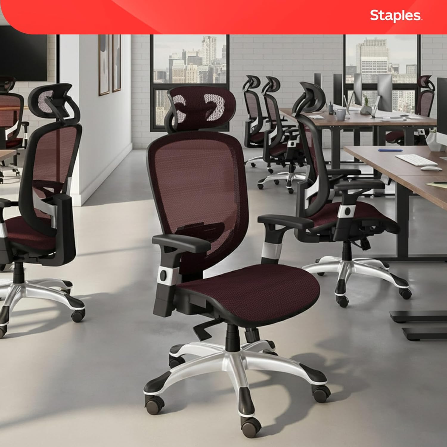 STAPLES Hyken Ergonomic Task Chair, Mesh, Ergonomic, Lumbar Support, Swivel, Maroon
