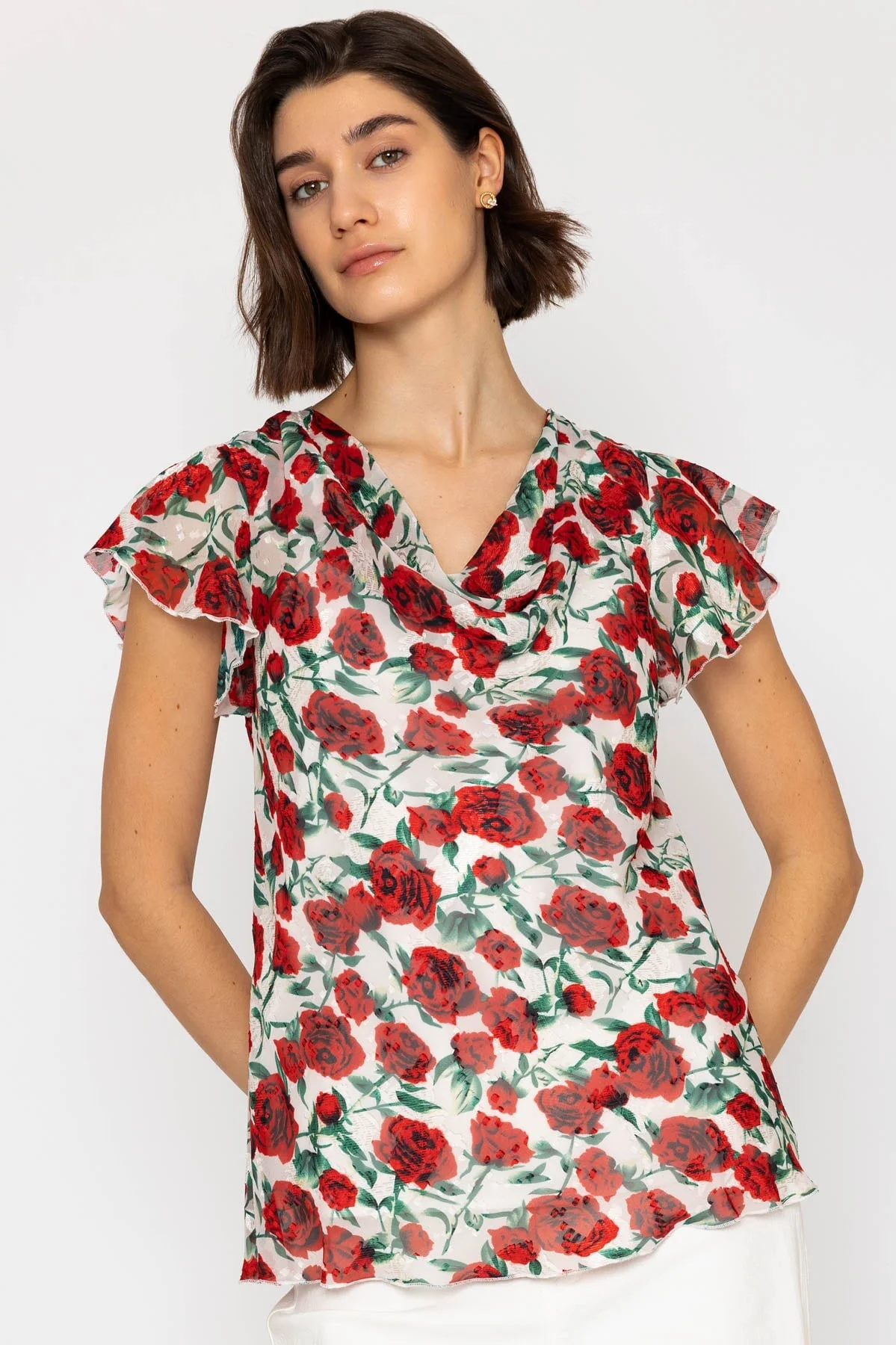 Short Sleeve Rose Print Cowl Neck Top
