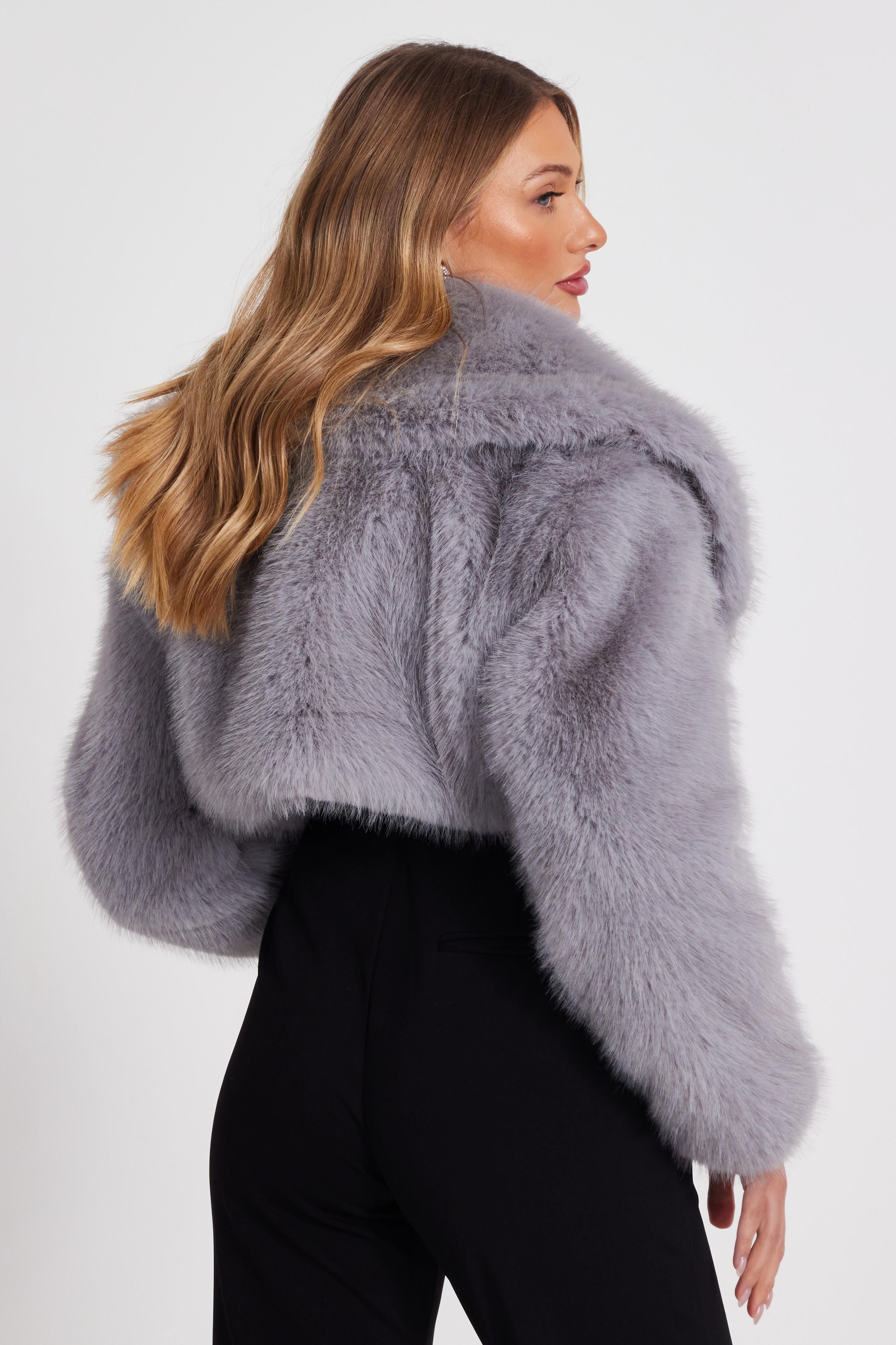Quiz Grey Faux Fur Cropped Jacket