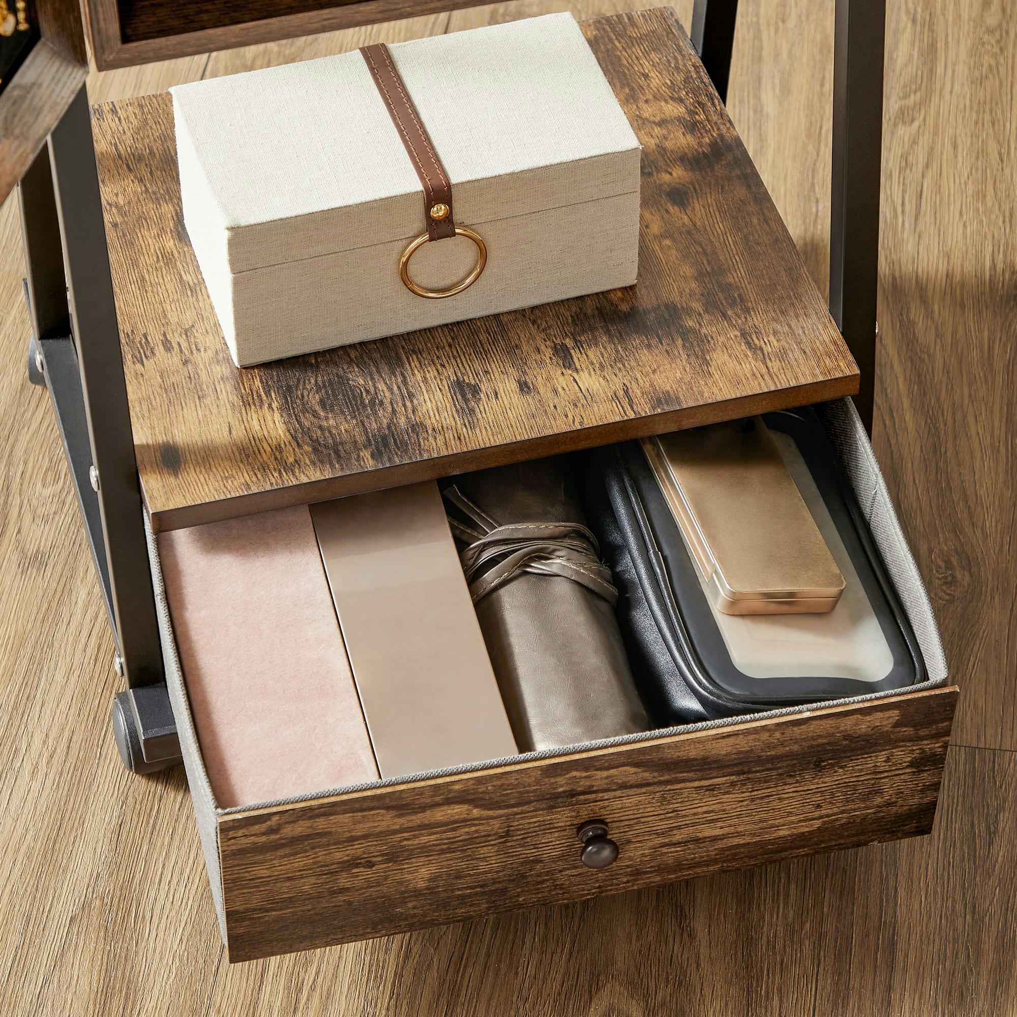 - Miroir sur pied avec rangement effet bois marron rustique et noir