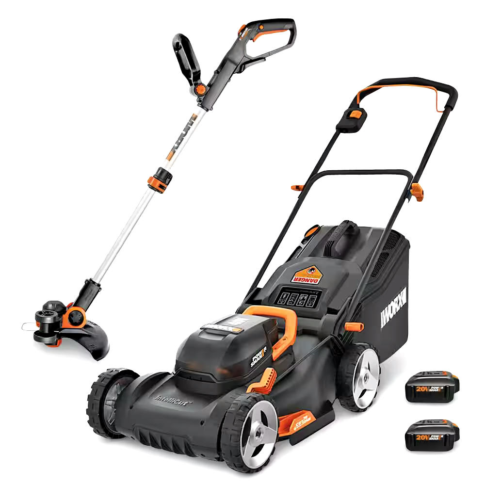 WORX WG911 Power Share™ 3-in-1 Combo Kit, 40V Cordless Push Lawn Mower, 17-in + 20V Grass Trimmer, 12-in