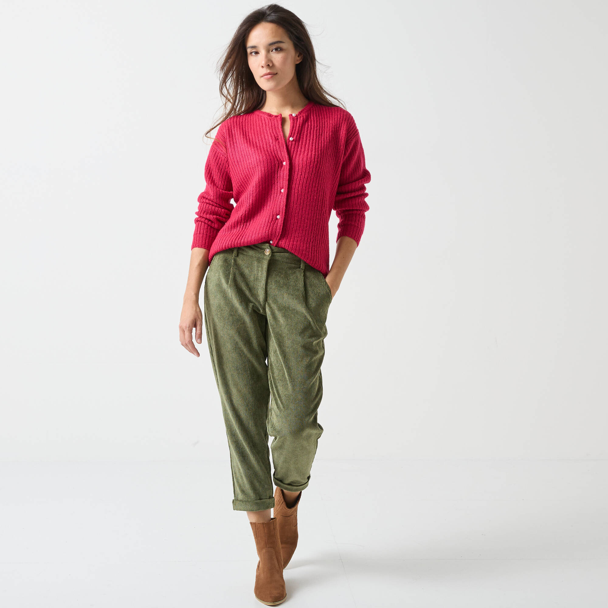 Cardigan boutons perles fantaisie, maille anglaise toucher doux