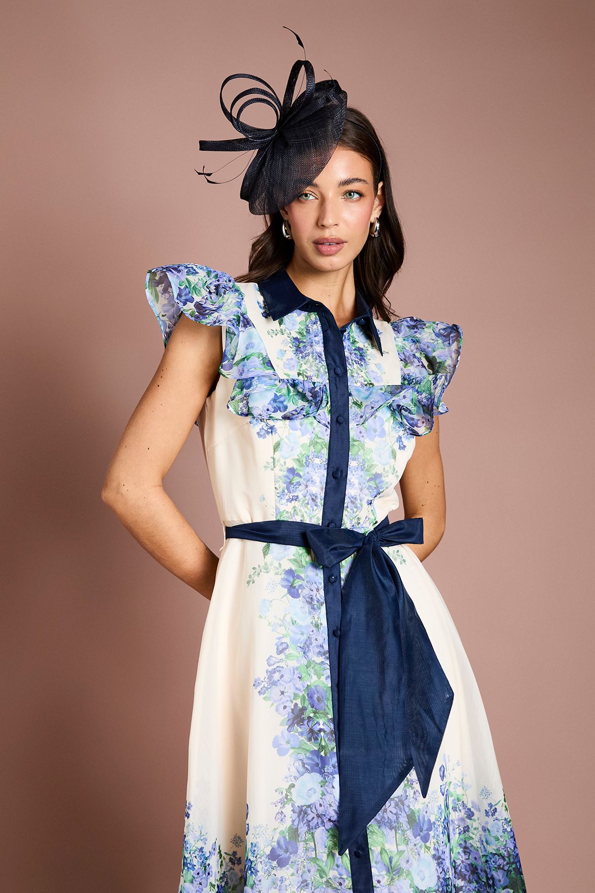 Coast Placement Print Frill Sleeve Belted Midi Dress